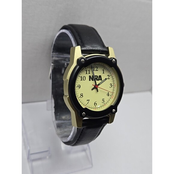 NRA Europa Quartz Watch Black Bezel Gold Tone Case Leather Band Mens New Battery - Picture 3 of 14